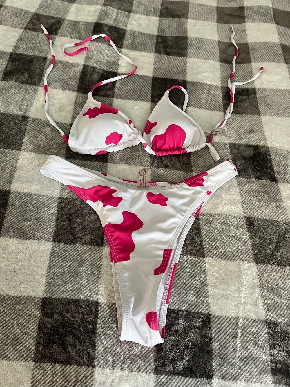 White & Hot Pink Printed Triangle Bikini Set
